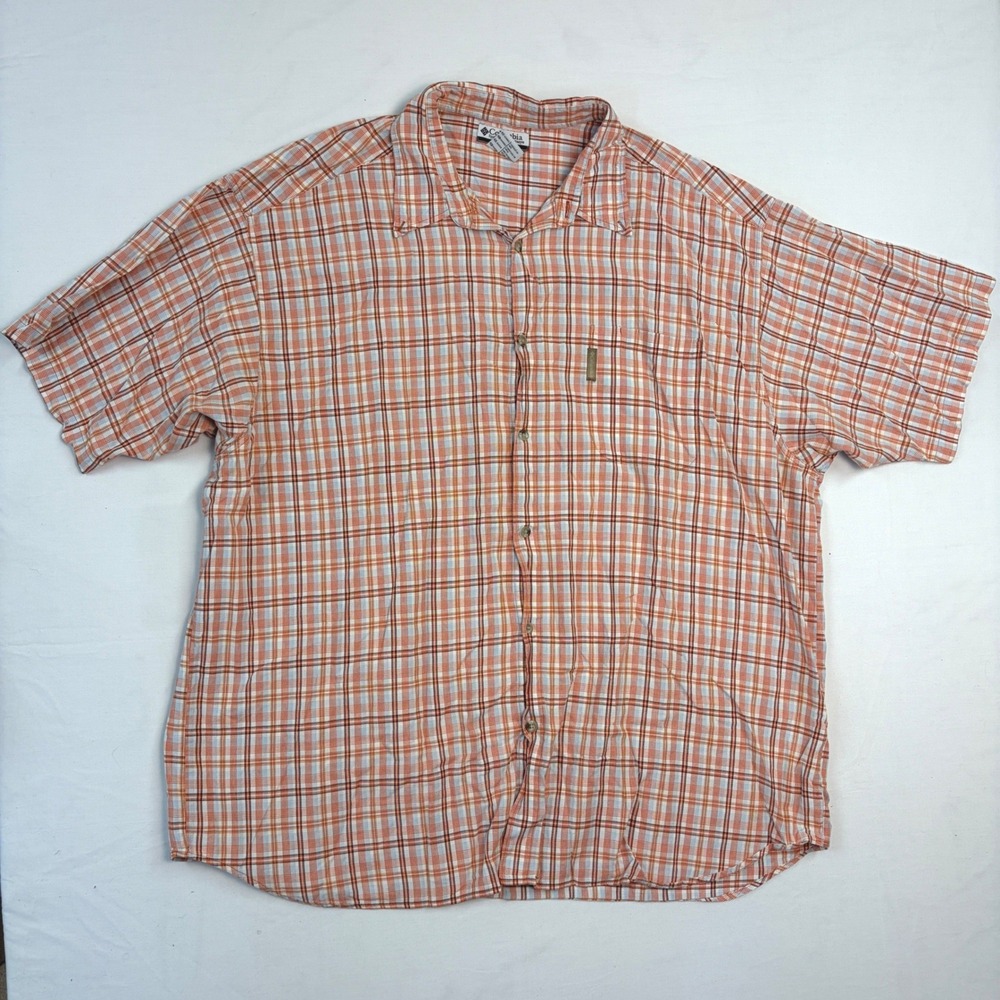 Columbia Mens 4XB Plaid Short Sleeve Button Down Shirt Orange Blue Outdoor Gorp